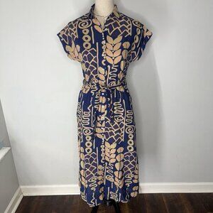 Svrnaa Anthropologie Midi Long Dress 100% Cotton Navy Blue Gold Sz XS Collar